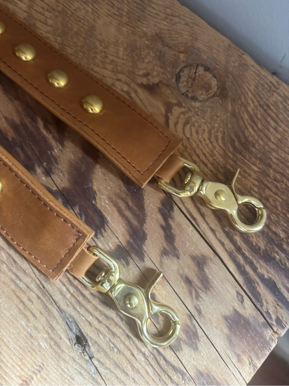 Tan Leather Studded Bag Strap with Gold Hardware - Picture 3 of 3